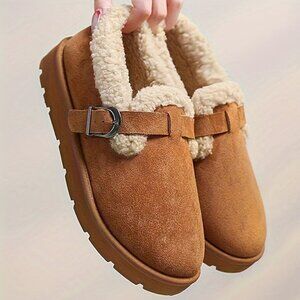 Women's Suede Fur Lined Clogs - Warm Winter Slip-On Mules With Buckle